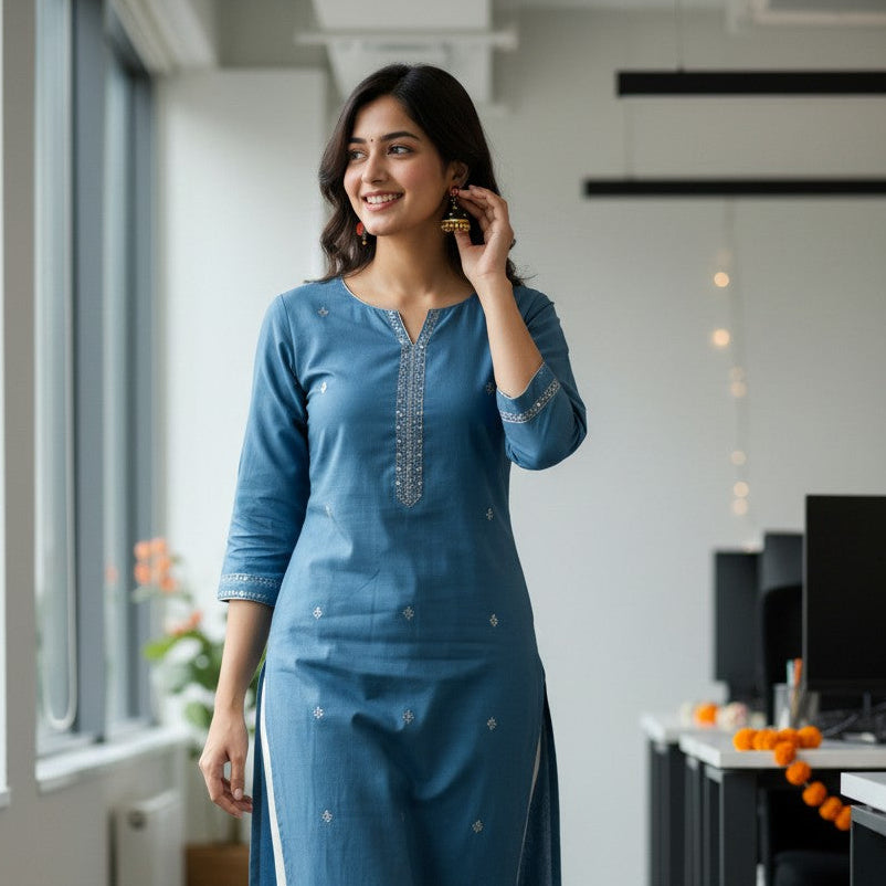 Model wearing terracotta jhumki earrings - blue kurta