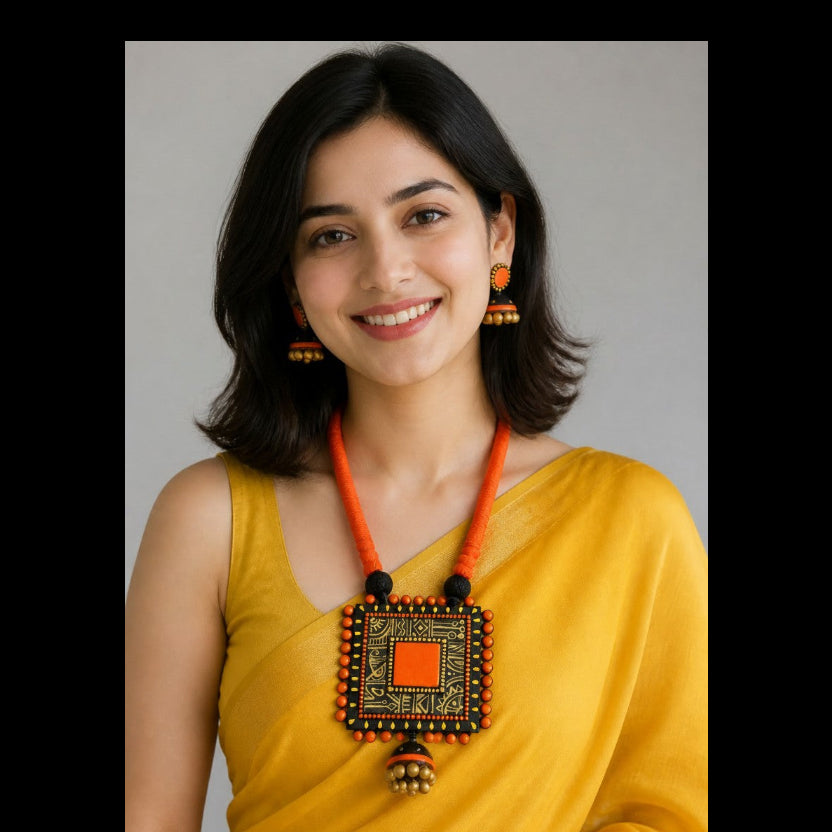 A woman with dark shoulder-length hair wearing a bright yellow-orange statement necklace with a square patterned pendant and matching orange-and-gold earrings, paired with a yellow top, against a plain gray background.