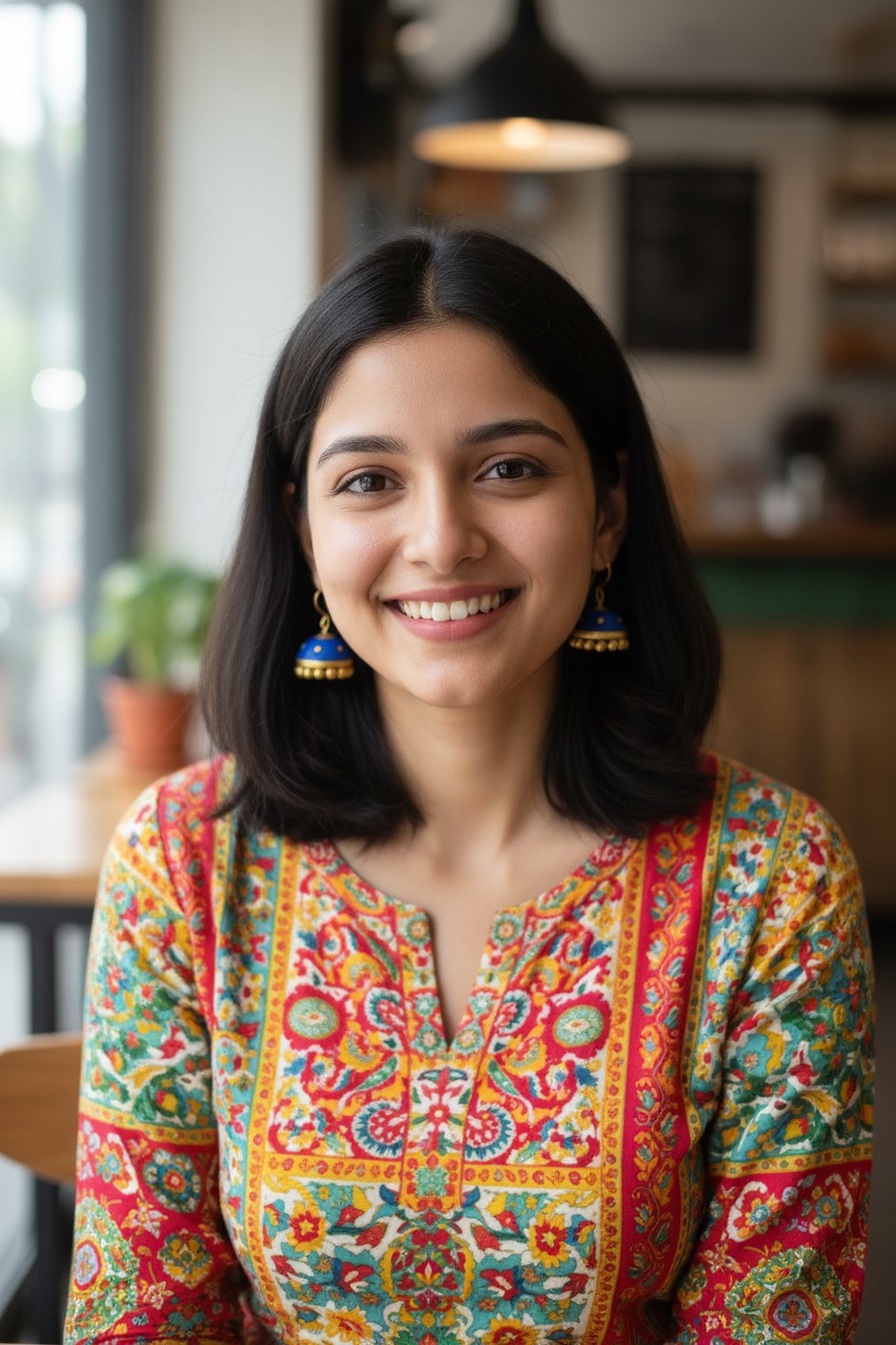 Model wearing terracotta jhumki earrings - green kurta