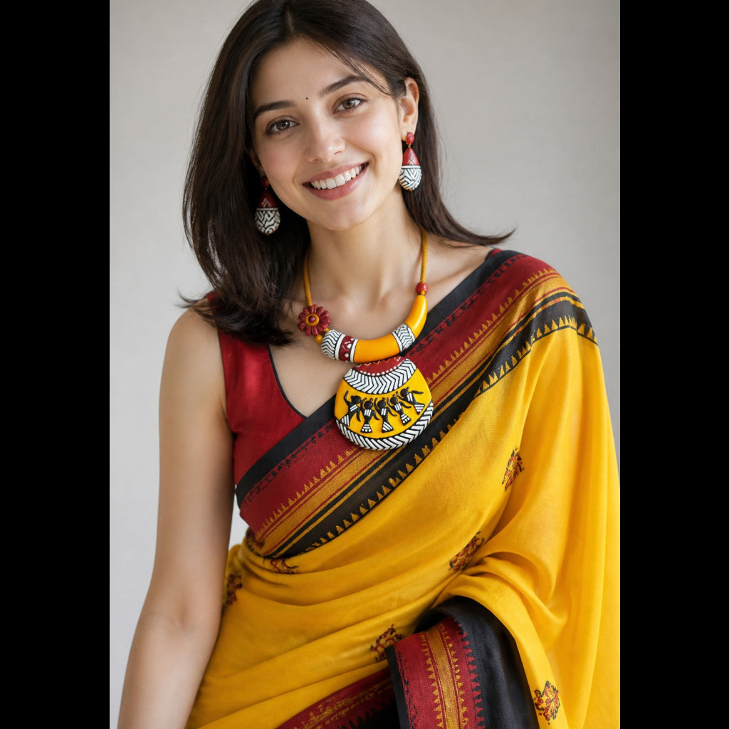 A woman wearing a yellow saree with a black and red border, paired with a red sleeveless blouse and a yellow and silver statement necklace, photographed against a plain light gray background.