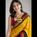 A woman wearing a yellow saree with a black and red border, paired with a red sleeveless blouse and a yellow and silver statement necklace, photographed against a plain light gray background.