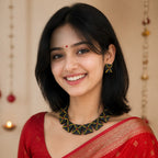 A woman wearing a red silk saree with gold zari patterns and a matching red blouse, styled with a black and gold beaded necklace and earrings, set against a warm beige background with hanging decorative lights.