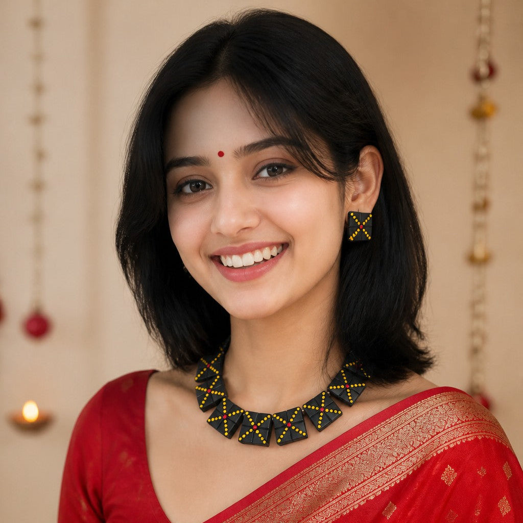 A woman wearing a red silk saree with gold zari patterns and a matching red blouse, styled with a black and gold beaded necklace and earrings, set against a warm beige background with hanging decorative lights.