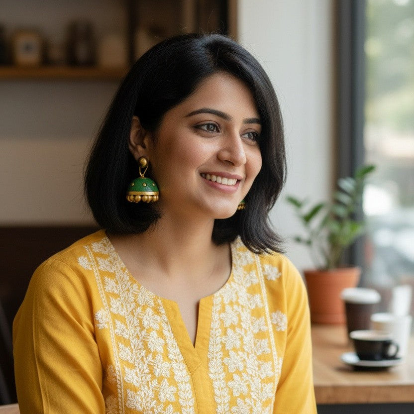 Model wearing terracotta jhumki earrings - green dress