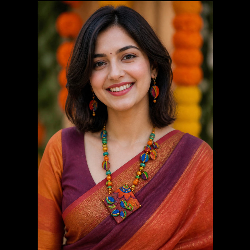 A woman smiling and wearing a traditional Indian sari with a deep purple body, orange sleeves, and a rust-orange border, accessorized with a colorful beaded necklace and earrings.