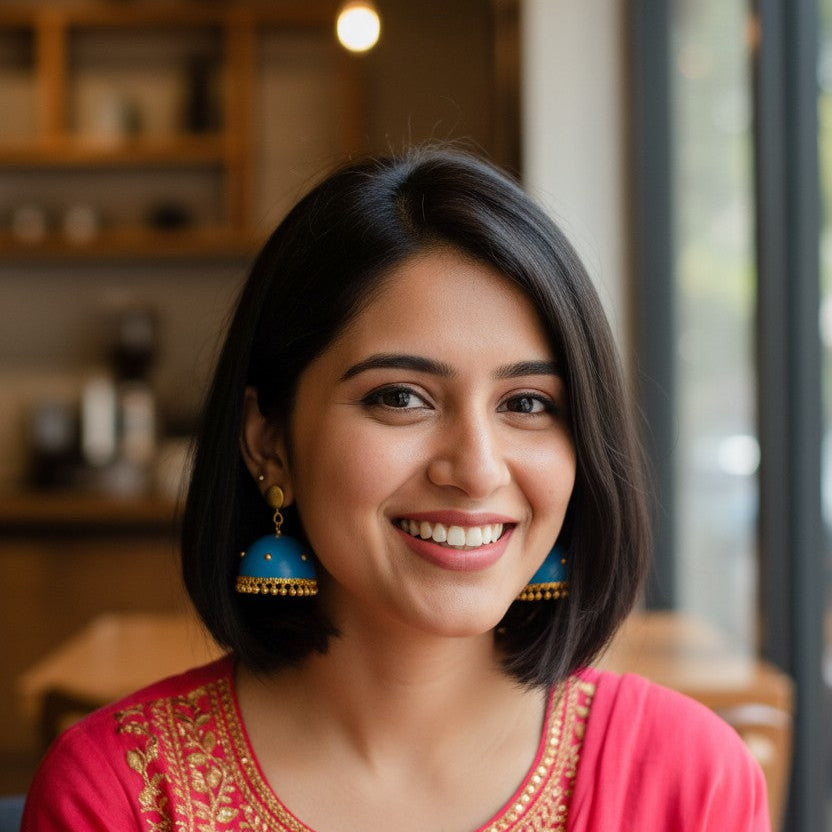 Model wearing terracotta jhumki earrings - pink kurta