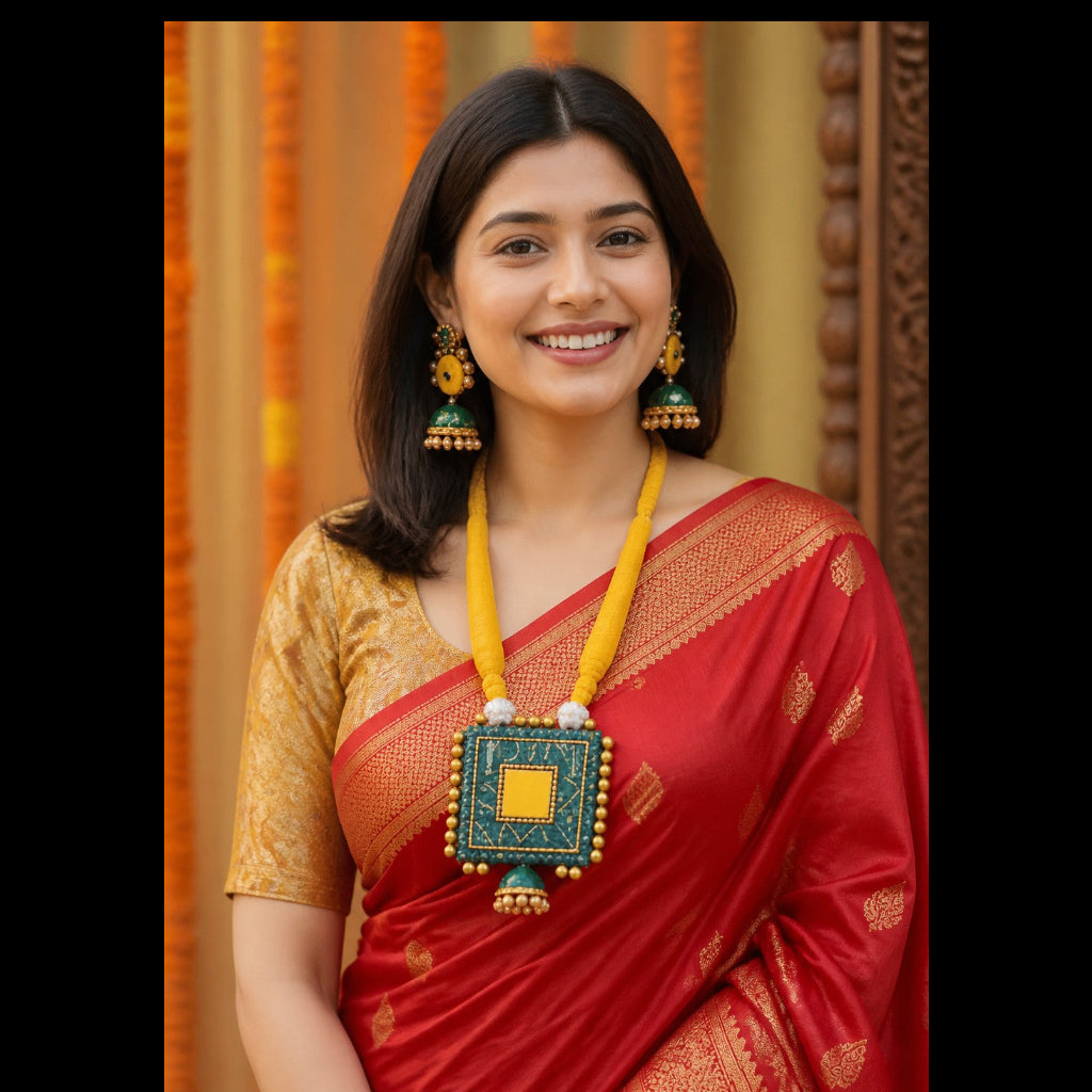 A woman wearing a red and gold saree with a yellow necklace and matching earrings, smiling against a warm decorative background.