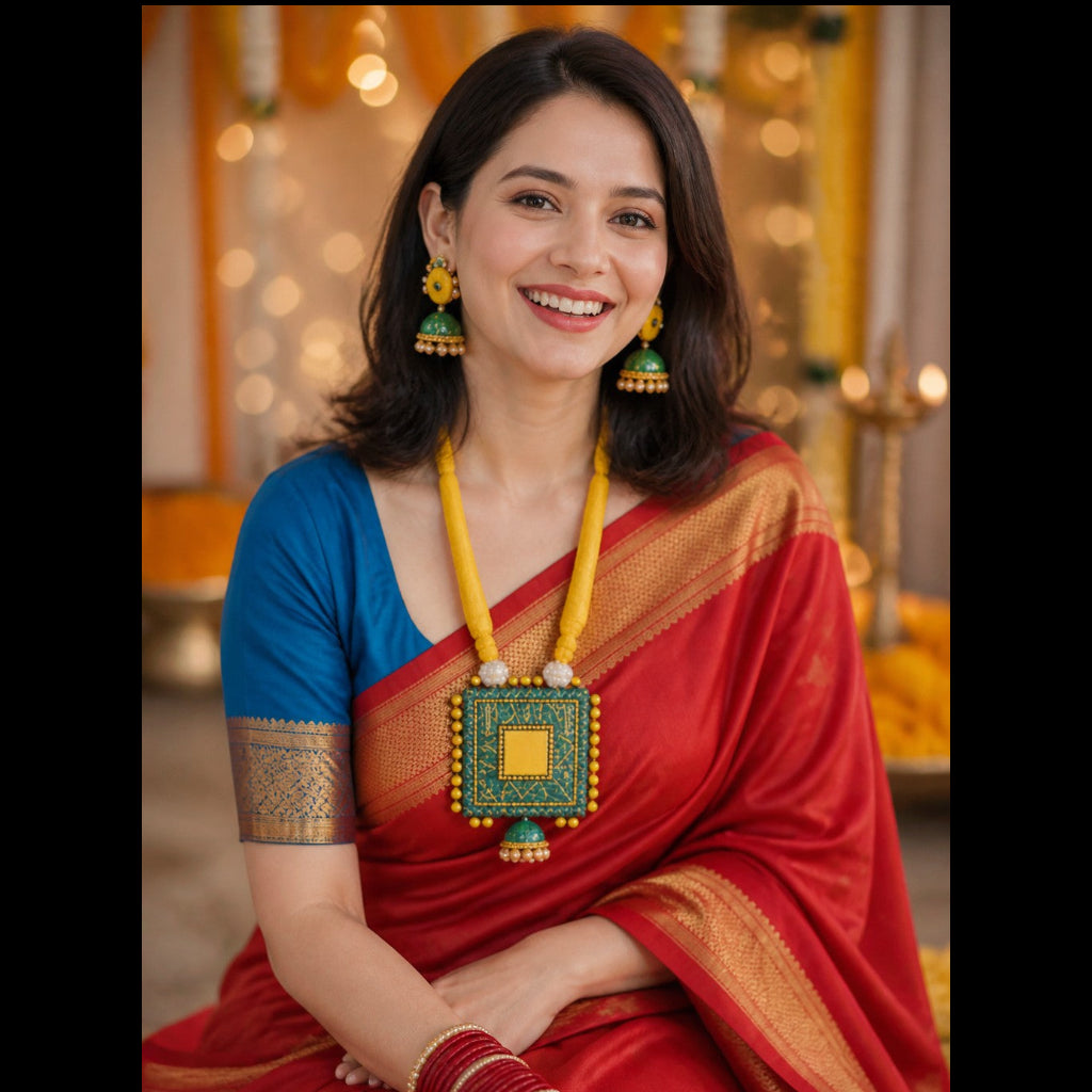 A woman wearing a red and blue saree with gold zari detailing, a large green and gold necklace, and gold earrings, seated in a warmly lit indoor setting.