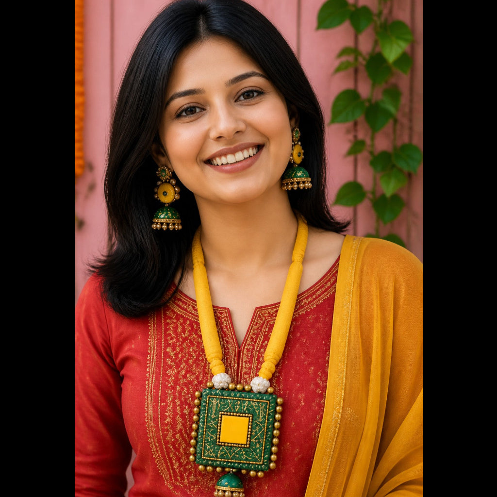 A woman with long black hair smiling, wearing a red embroidered kurta, a mustard yellow dupatta, and a large green and yellow geometric pendant necklace with matching earrings, set against a pink wall with green leaves.