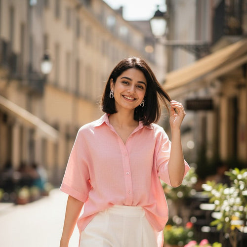 A woman walking down a sunlit cobblestone street wearing a light pink short-sleeve button-up shirt and white trousers.