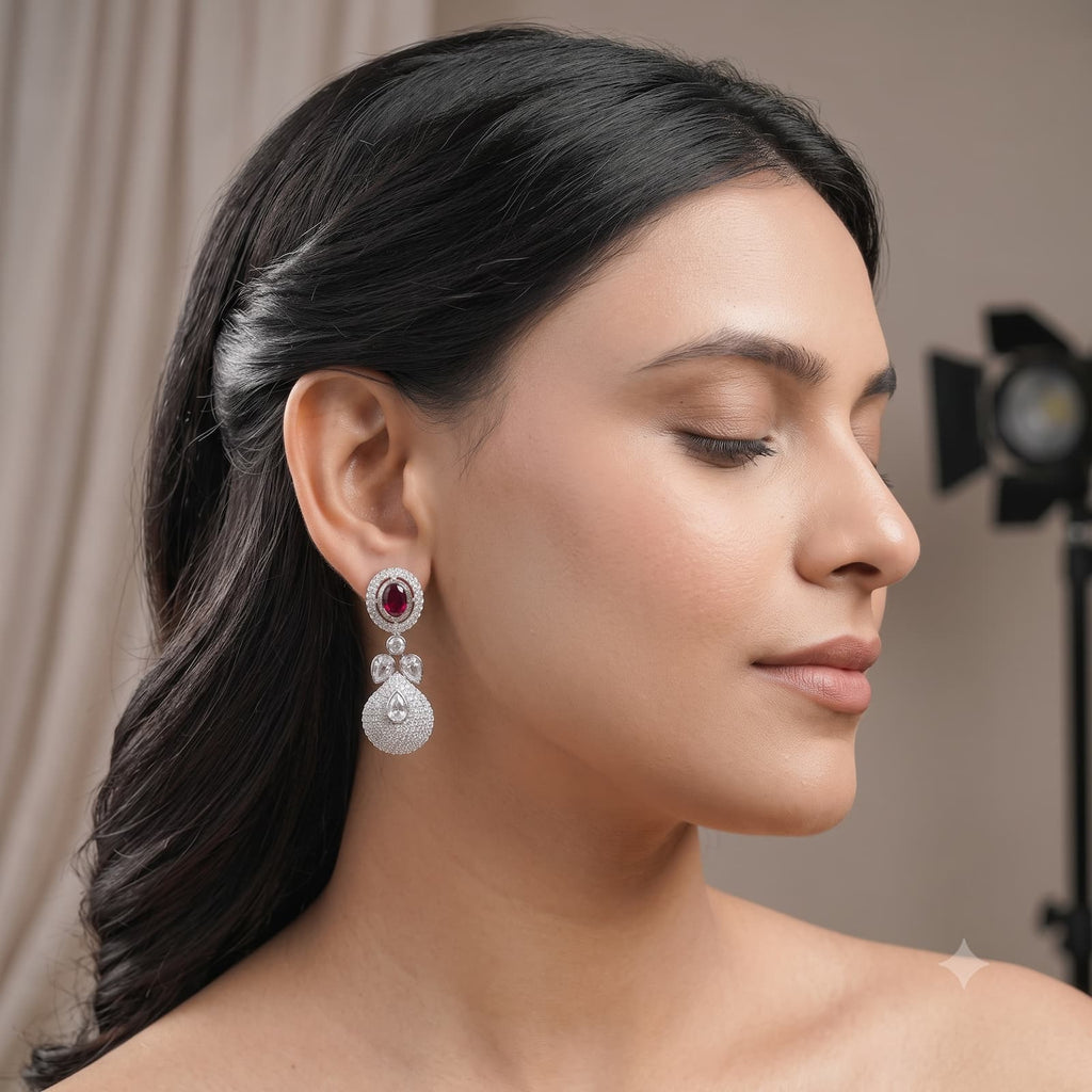 American Diamond Red & White Dangle Earrings | Festive