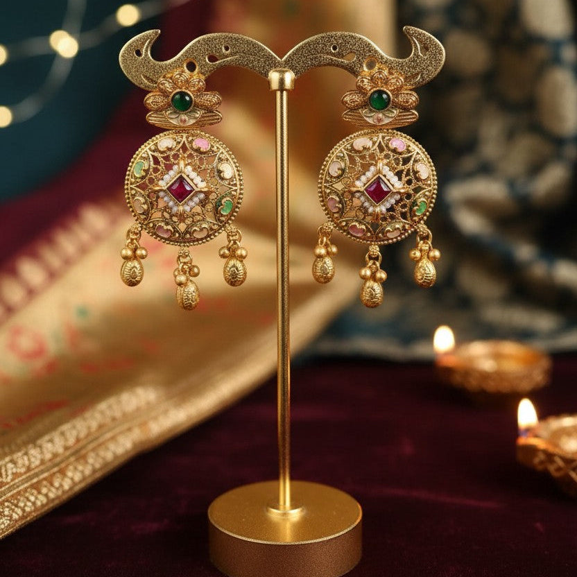 A pair of ornate gold-toned Indian jhumka earrings with green and pink stones, displayed on a gold stand against a dark, festive background with string lights and a sari.