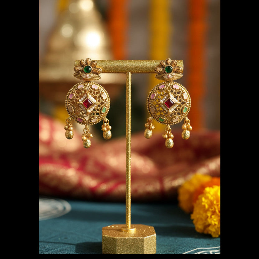 A pair of ornate gold-toned Indian jhumka earrings displayed on a gold stand. The earrings feature intricate filigree work, green stone accents, and pink stone details, with dangling gold bells at the bottom.