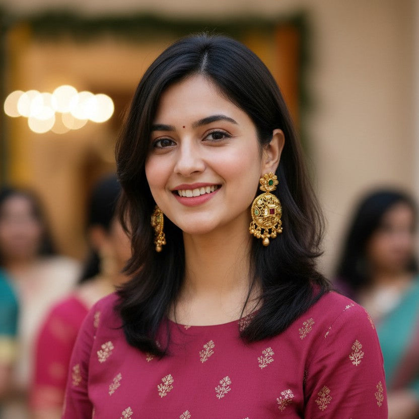 A woman with dark hair smiling and wearing a deep maroon traditional dress with gold motifs and large gold earrings, photographed in a softly blurred indoor setting.