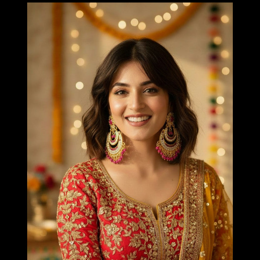 A woman wearing a traditional Indian outfit with a red and yellow embroidered kurta and matching dupatta, styled with large gold and pink statement earrings, set against a warm, decorated background with bokeh lights.