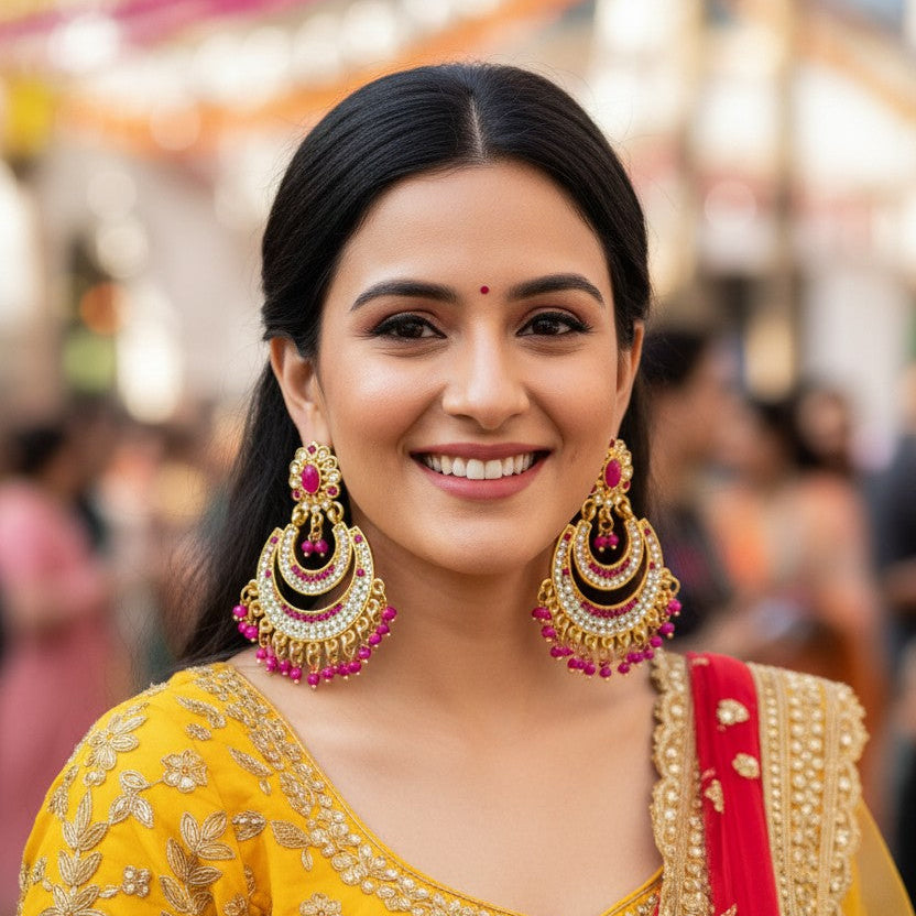 A smiling woman wearing a yellow embroidered traditional outfit with a red draped accent and large ornate gold and pink earrings, photographed against a softly blurred festive outdoor background.
