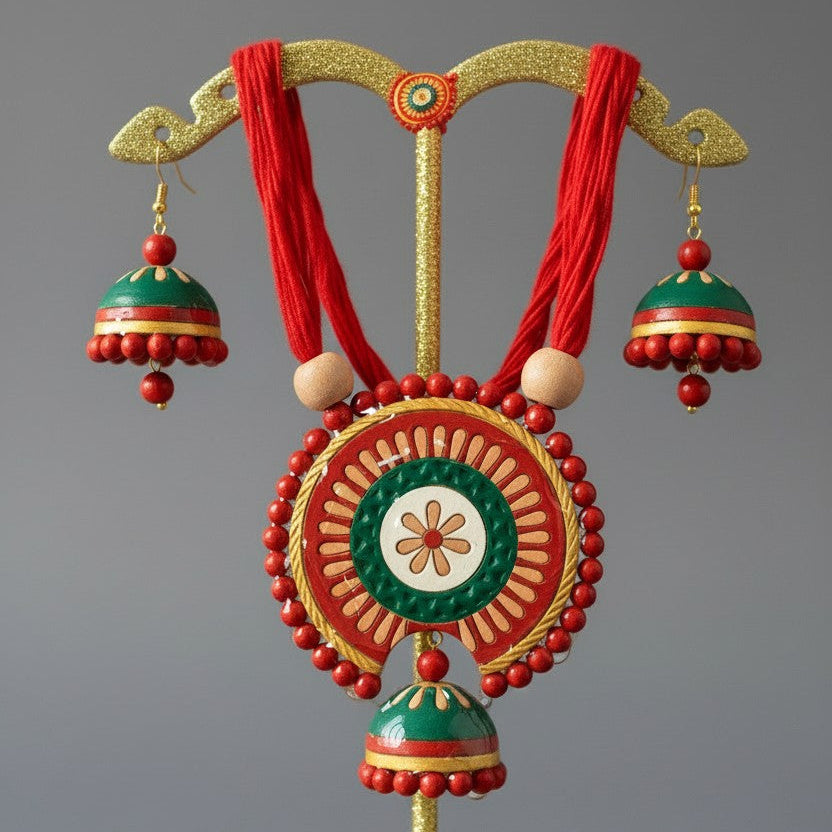 Terracotta Round Orange Green Necklace Set | Earrings Included