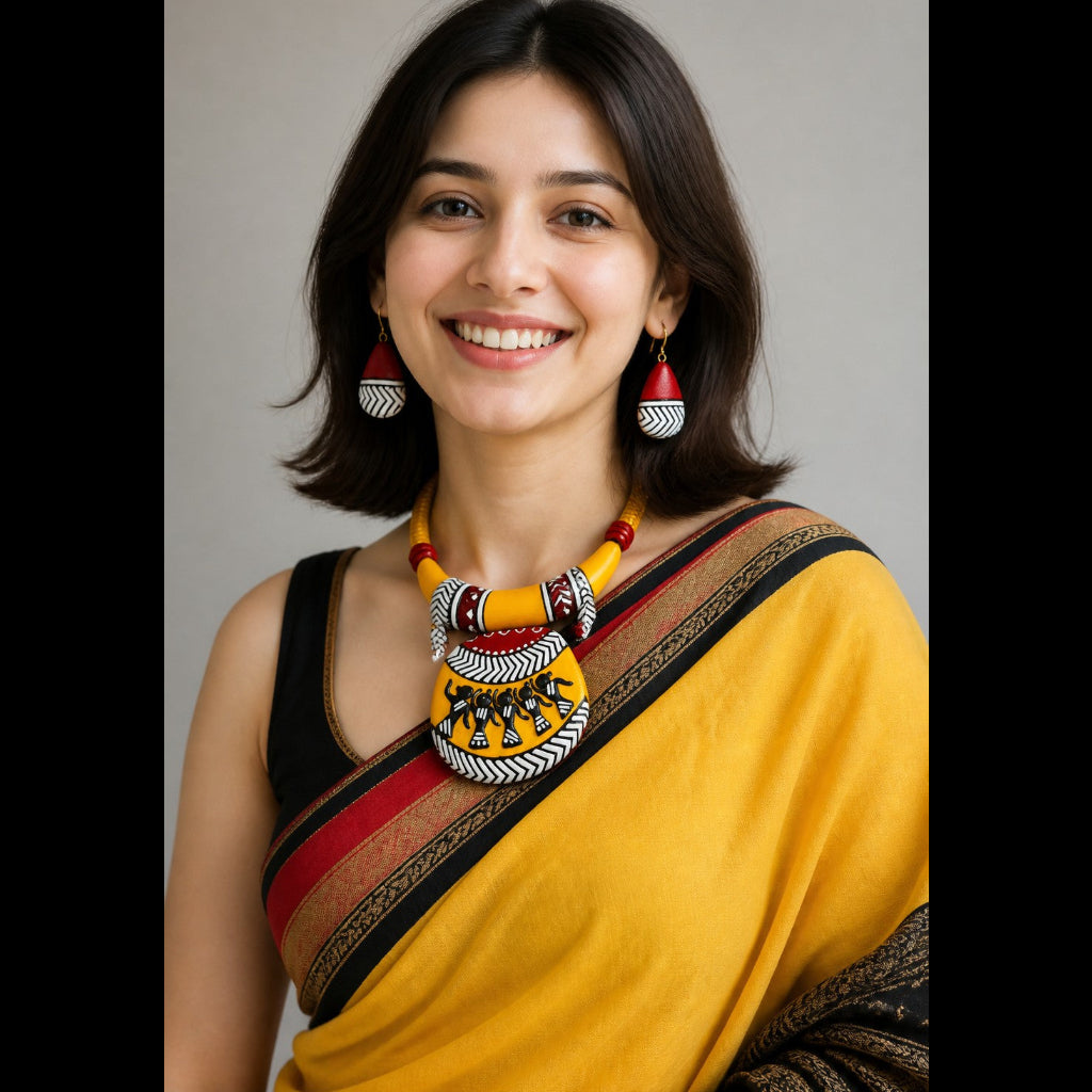 A smiling woman with dark shoulder-length hair wearing a yellow and red sari with a black and gold patterned neckline, a large yellow and black beaded necklace, and matching red and white earrings, photographed against a plain light gray background.