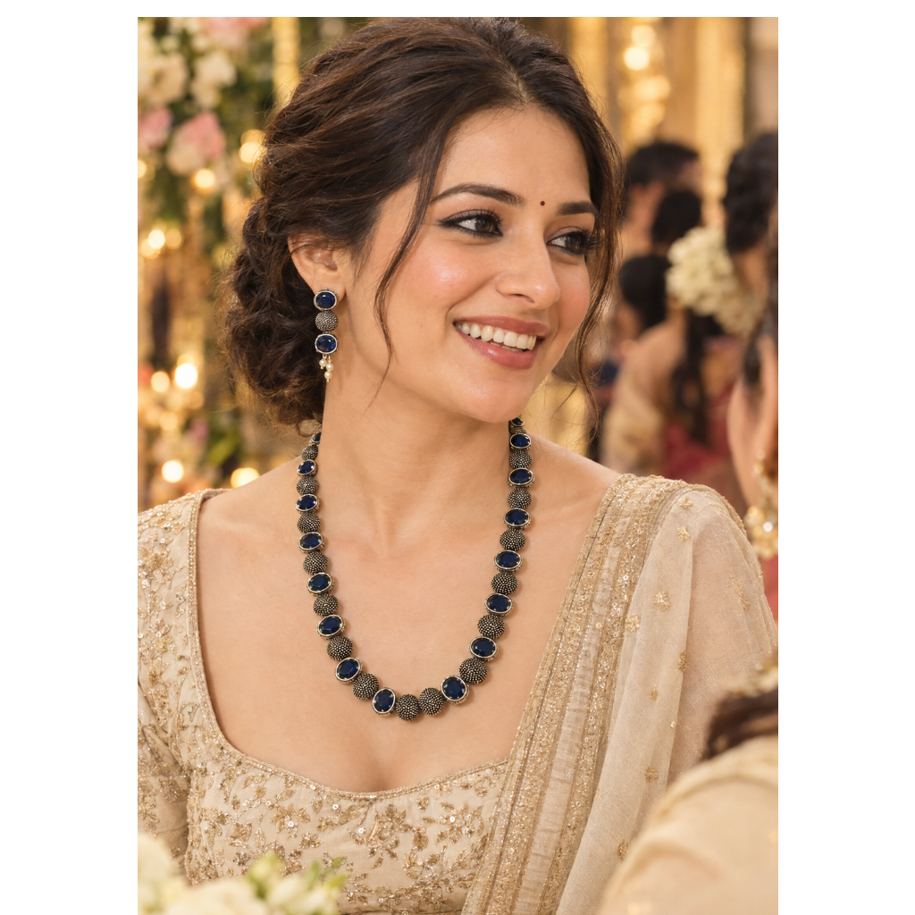 A woman wearing a traditional Indian outfit with a beaded necklace and matching earrings, smiling in a decorated event setting.