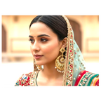 A close-up portrait of a woman wearing traditional South Asian bridal attire, featuring a light blue-green dupatta with intricate gold embroidery, red and green borders, and large ornate gold earrings.