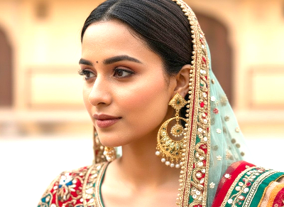 A close-up portrait of a woman wearing traditional South Asian bridal attire, featuring a light blue-green dupatta with intricate gold embroidery, red and green borders, and large ornate gold earrings.