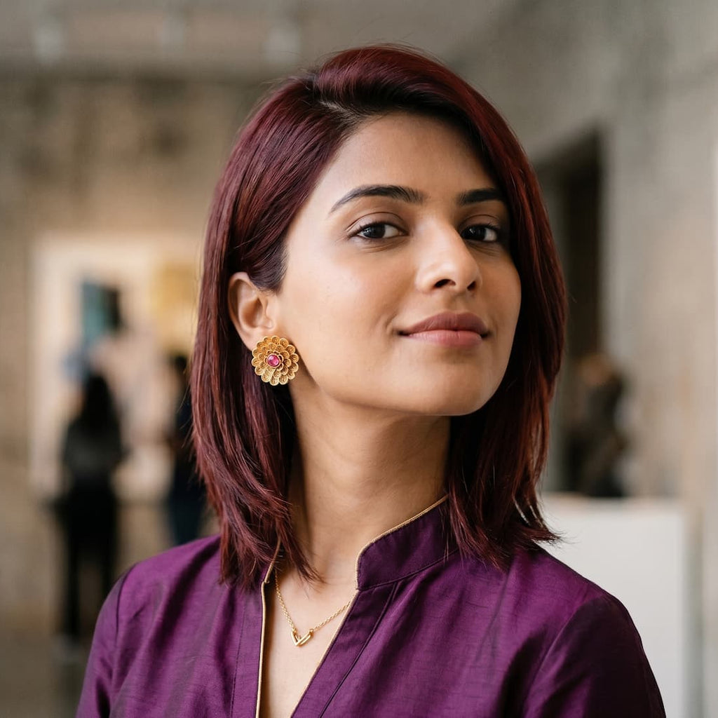 A woman with shoulder-length auburn hair wearing a purple top and gold earrings, photographed in a softly blurred indoor gallery or museum setting.