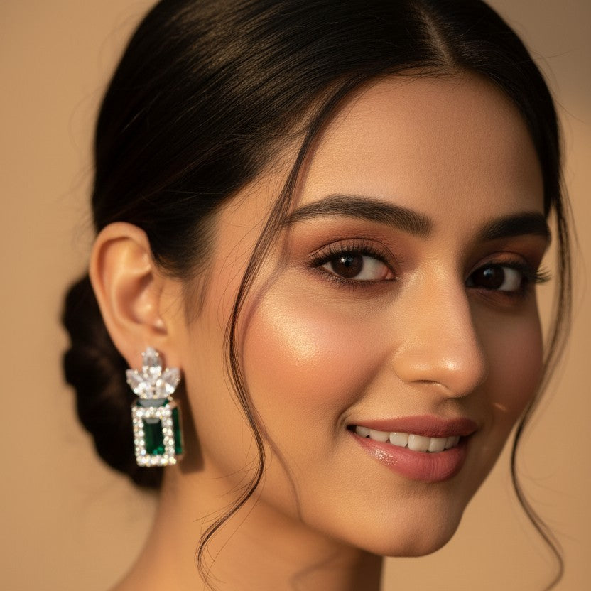 A close-up portrait of a woman wearing a dangling rectangular earring with a silver-toned floral top and green rectangular stone, paired with an embellished traditional outfit against a warm beige background.