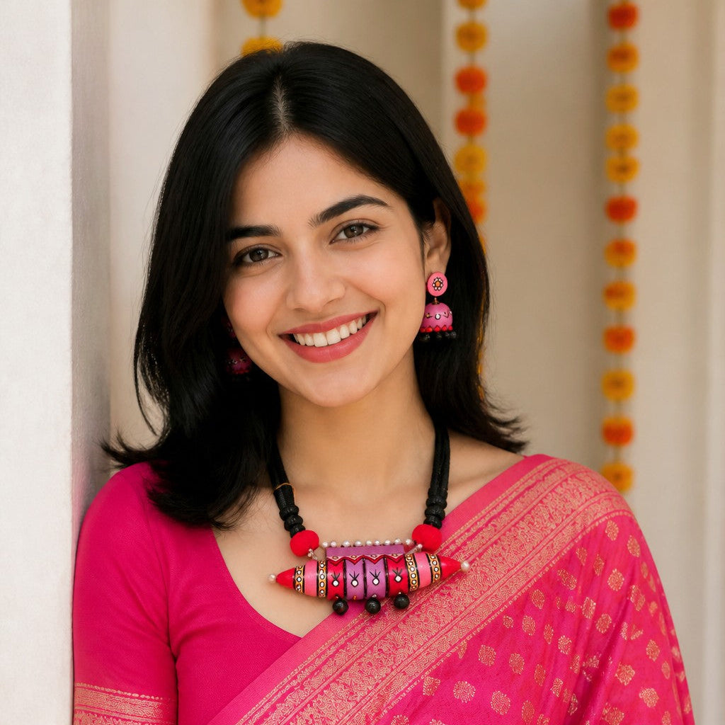 A woman wearing a bright pink saree with gold patterns and a matching pink blouse, accessorized with a chunky beaded necklace and pink earrings, posing against a light-colored wall with orange marigold garlands.