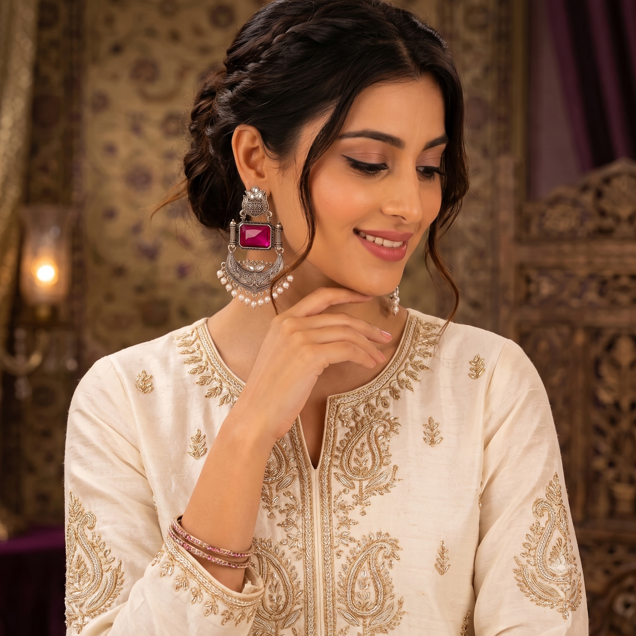 A woman wearing a cream-colored embroidered traditional outfit with gold detailing, styled with silver statement earrings featuring pink stones and pearl bead drops, posed in an ornate indoor setting.