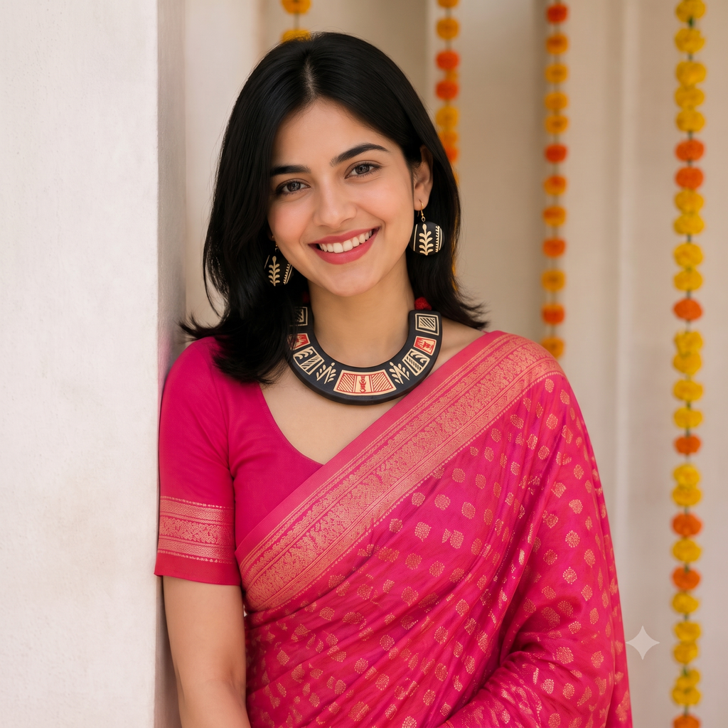 A woman with dark hair smiles while wearing a bright pink saree with gold patterns, a matching pink blouse, and a black statement collar necklace. She is standing indoors against a light-colored wall with orange and yellow marigold garlands hanging vertically.
