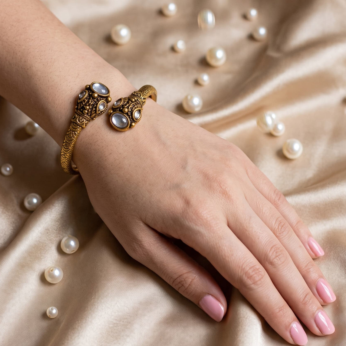 Gold Pearl Filigree Bangle | Elegant Pearl Gemstone Bracele
