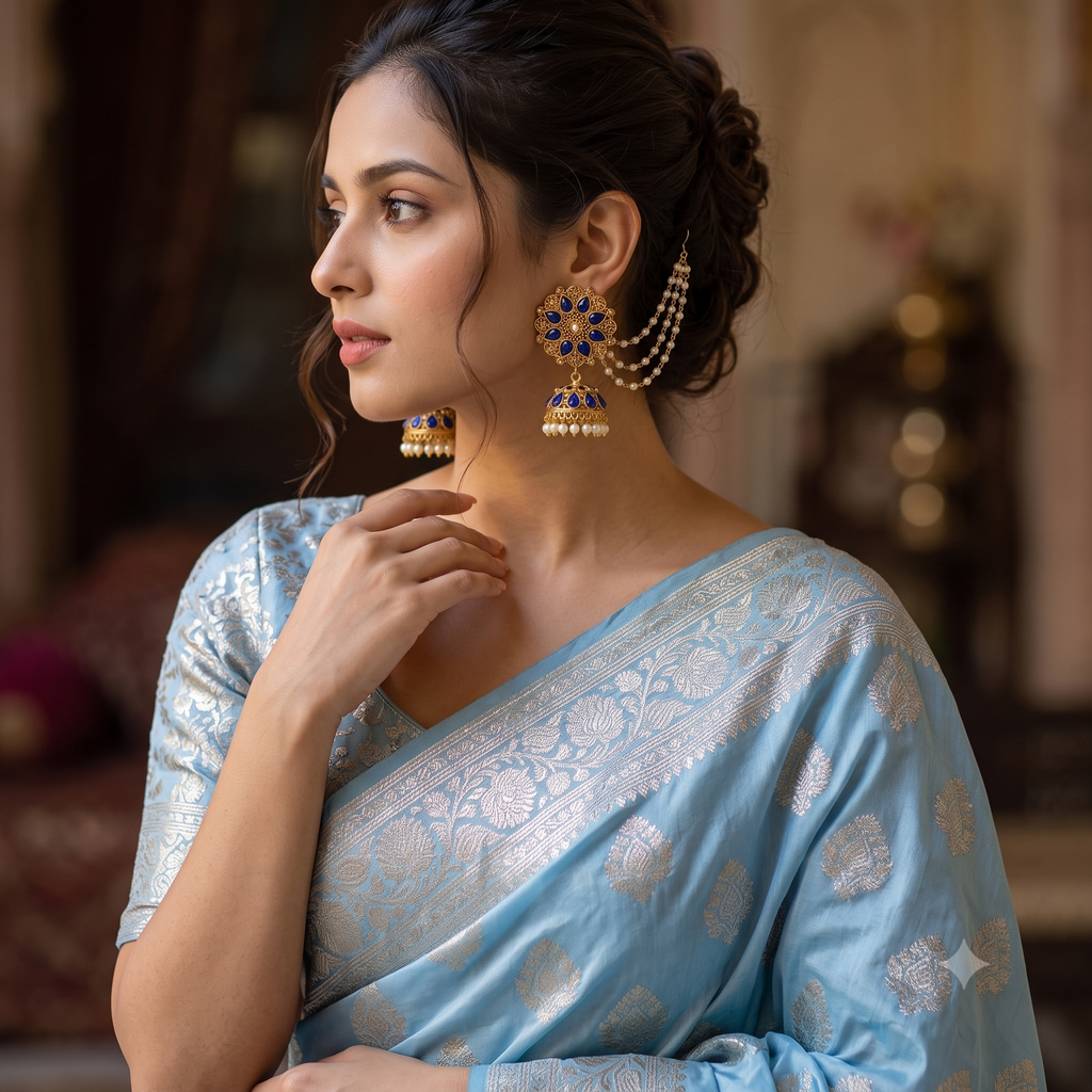 A woman wearing a light blue silk saree with silver zari floral patterns and matching blouse, styled with ornate gold and blue jhumka earrings in a softly blurred indoor setting.