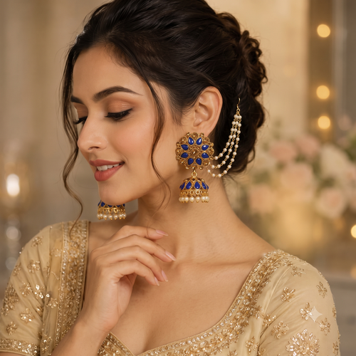 A woman wearing ornate gold-toned traditional earrings with deep blue stones and pearl-like drops, paired with a beige embellished outfit in a softly lit indoor setting.