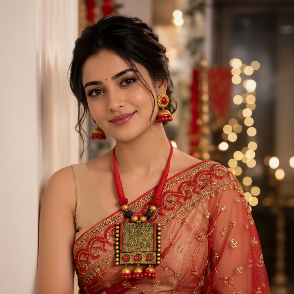 A woman wearing a traditional Indian outfit with a red and gold embroidered saree, a red necklace with a gold pendant, and red earrings, posed against a softly blurred festive background.