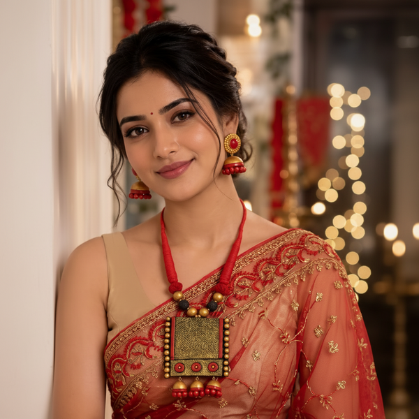 A woman wearing a traditional Indian outfit with a red and gold embroidered saree, a red necklace with a gold pendant, and red earrings, posed against a softly blurred festive background.
