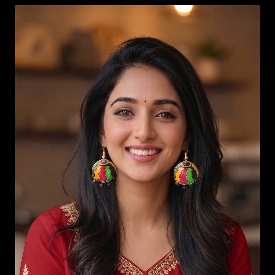 A woman with long dark hair smiling, wearing a red traditional dress with gold embroidery and colorful dangling earrings in a warm indoor setting.