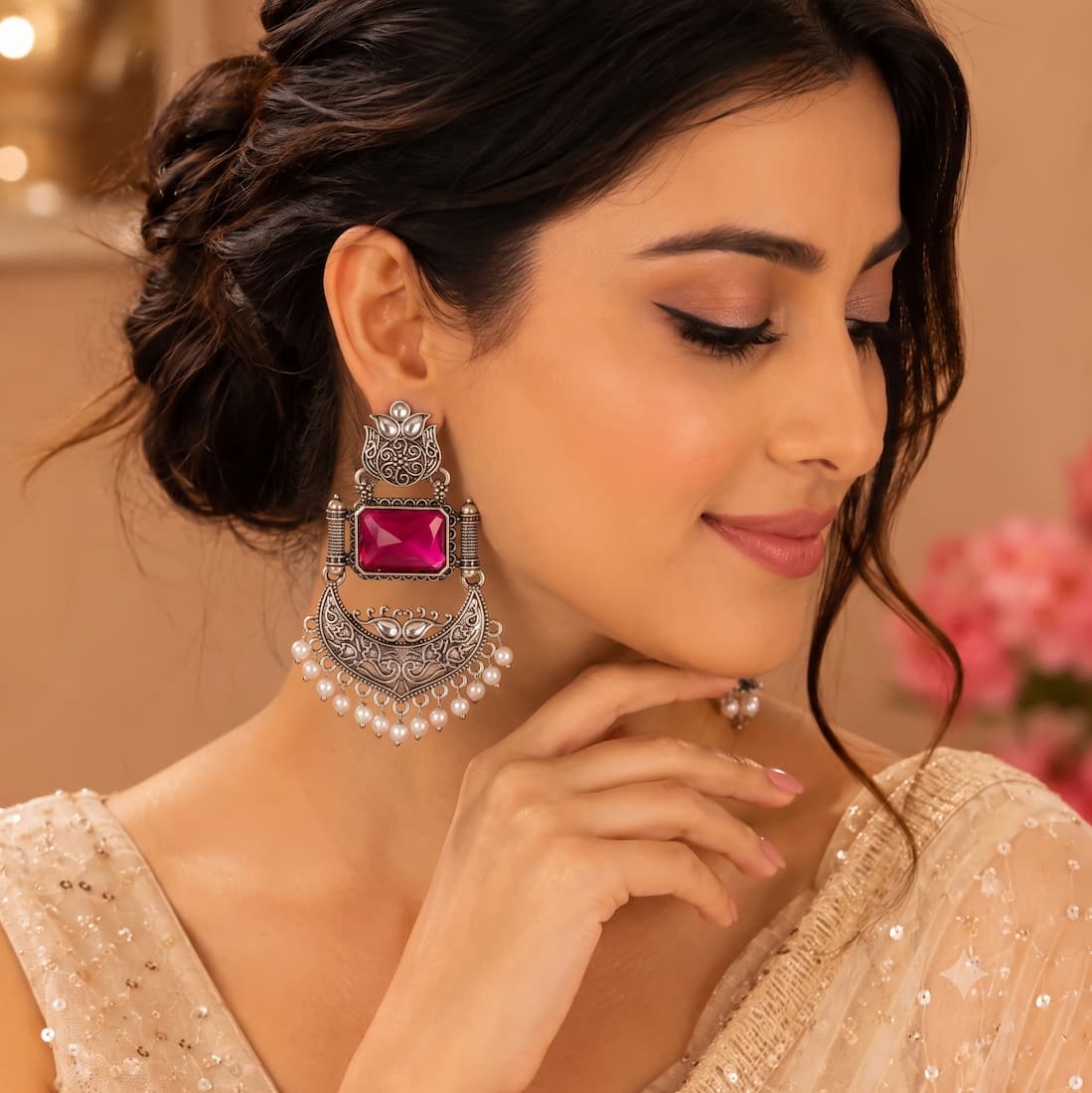 A woman wearing an ornate silver-toned earring with a large pink gemstone and dangling pearl-like accents, photographed in a warm indoor setting.