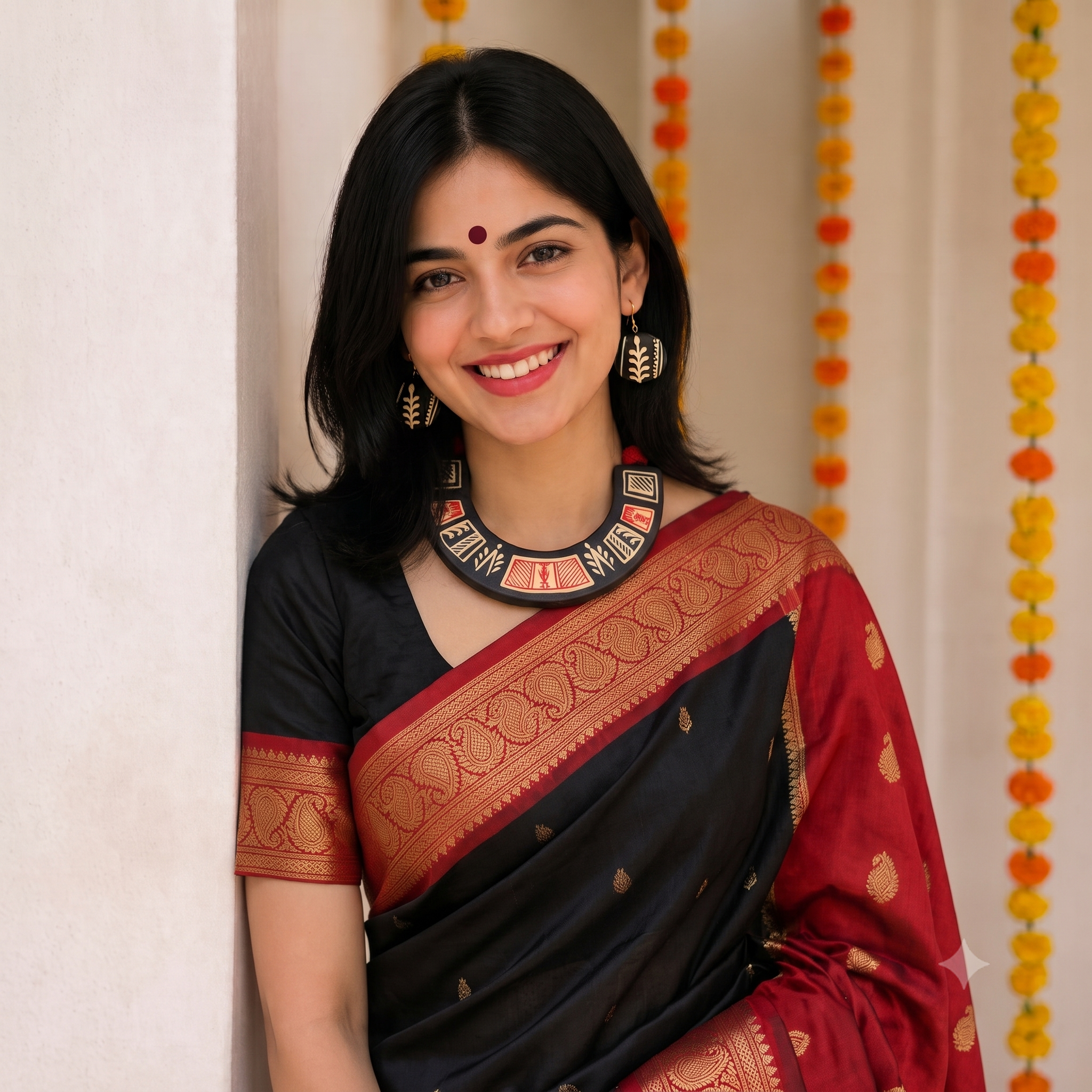 A woman wearing a black and red sari with gold zari embroidery, a matching red blouse, and a gold-toned statement necklace, standing indoors against a light wall with marigold garlands.