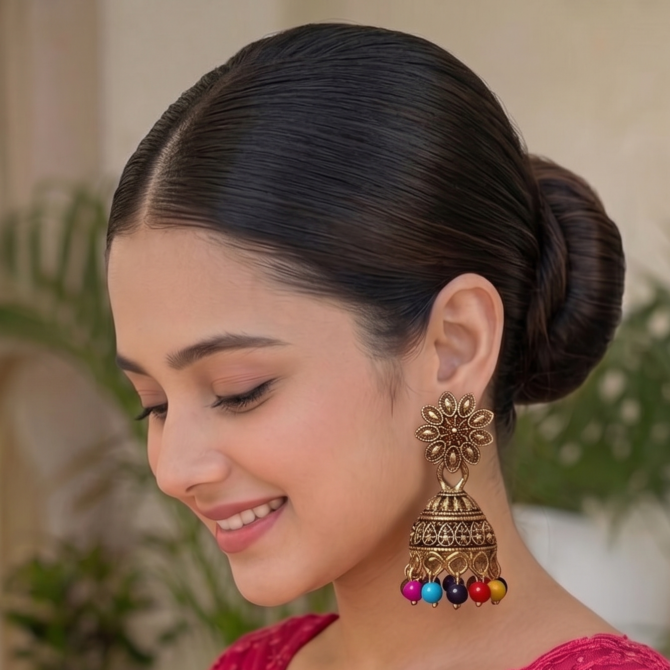 A woman wearing a bright pink embroidered traditional outfit with sheer lace sleeves and matching pink jewelry, photographed in a softly blurred indoor setting with plants in the background.