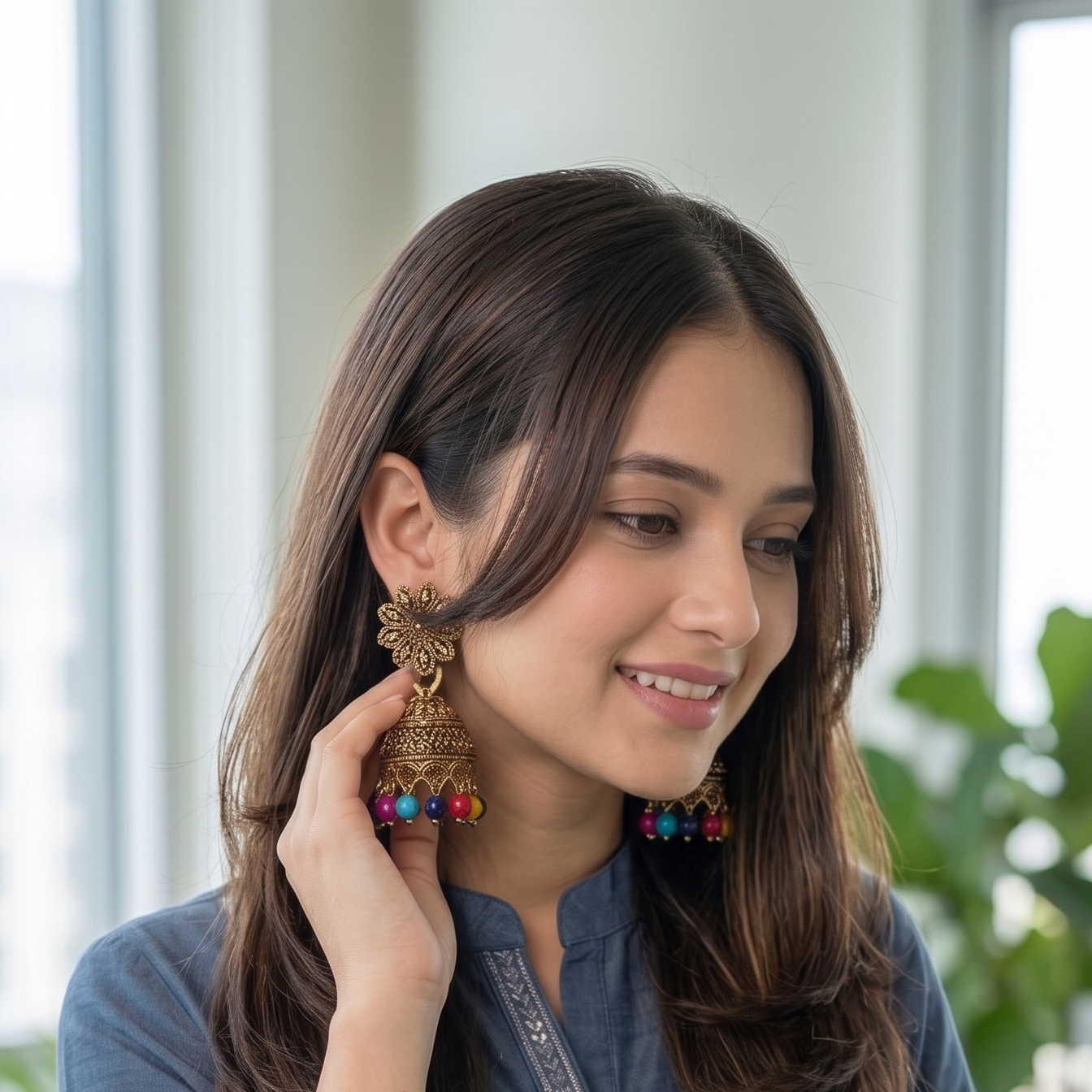 A woman wearing a slate blue linen tunic with silver embroidery and matching blue beaded earrings, posing in a bright indoor setting.