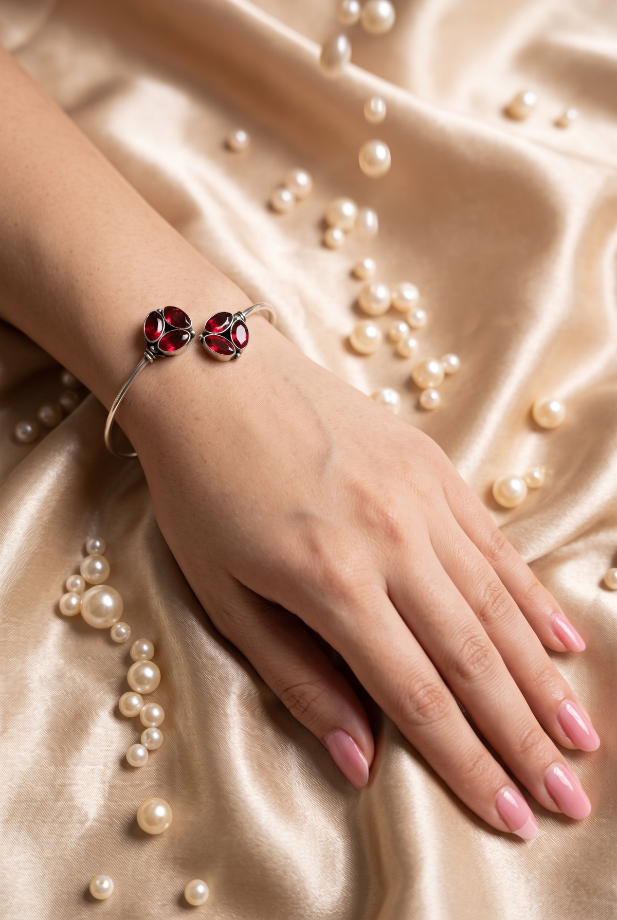 Oxidised Ruby Oval Bangle | Triple Stone Silver Bracelet