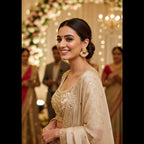 A woman in a beige and gold heavily embroidered traditional Indian outfit with a sheer dupatta, standing in a decorated event hall with blurred guests and floral backdrops.