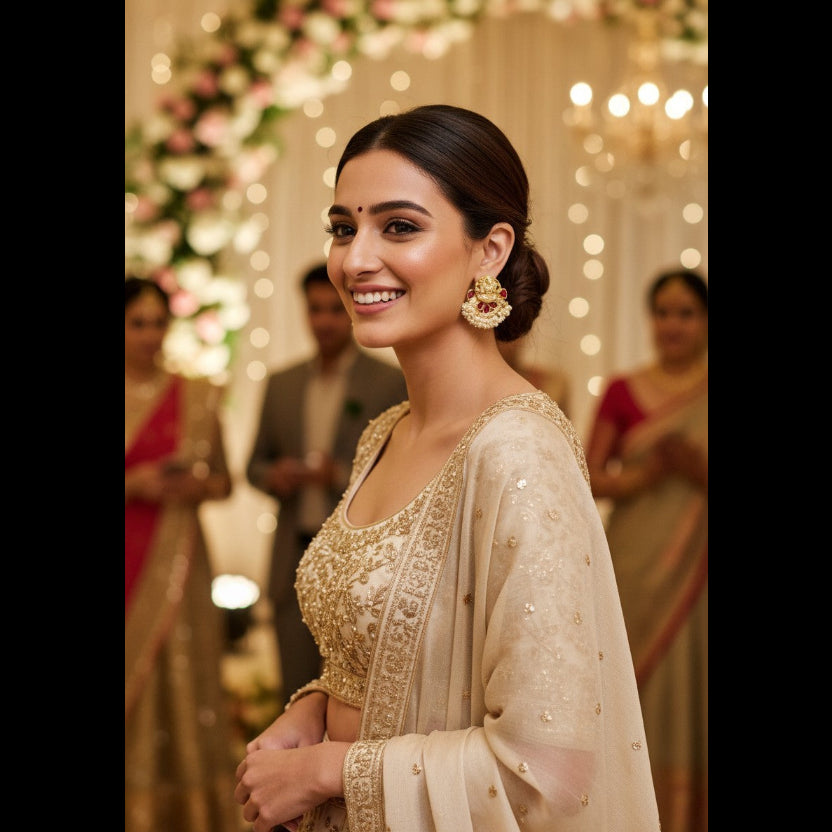 A woman in a beige and gold heavily embroidered traditional Indian outfit with a sheer dupatta, standing in a decorated event hall with blurred guests and floral backdrops.