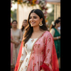 A woman wearing a white Anarkali-style dress with a pink embroidered dupatta and red border, photographed at an outdoor event with blurred guests in the background.