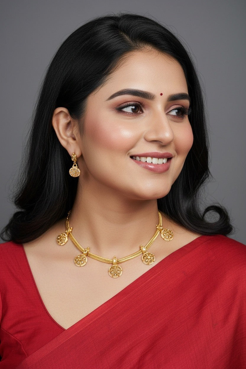 A woman with dark hair wearing a gold necklace and matching earrings, dressed in a red sari, shown in a close-up portrait against a gray background.