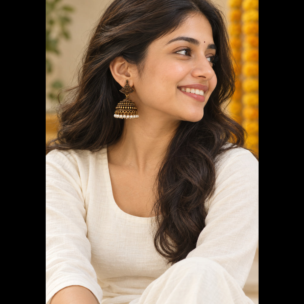 Gold Tiered Pearled Jhumka - Multi-Layer Earrings