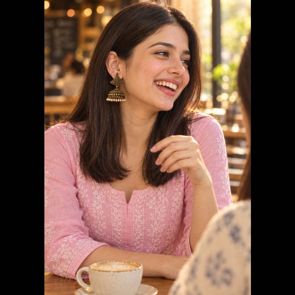 Oxidised Floral Jhumki Earrings | White Pearl Fringe