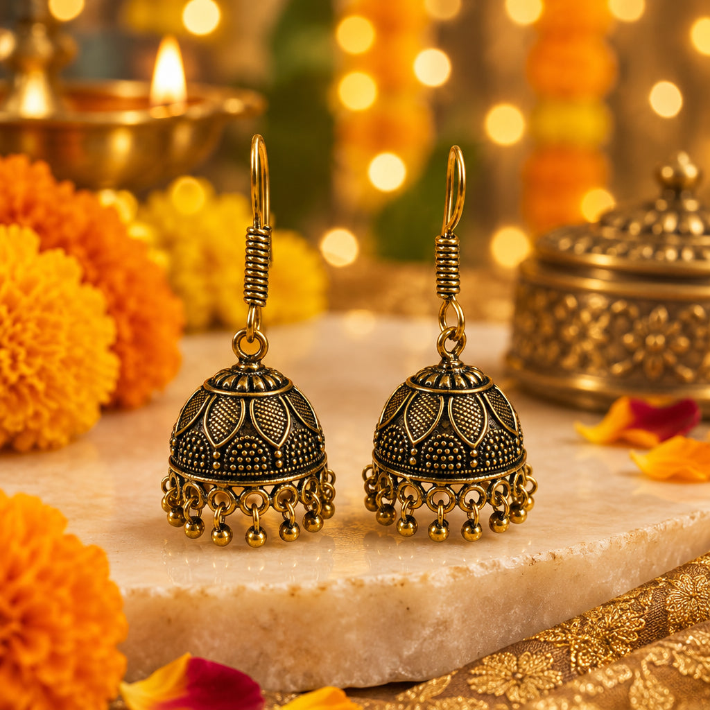 Antique Gold Jhumki Earrings | Leaf Pattern Dome