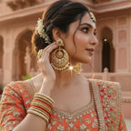 A woman in traditional Indian attire wearing ornate gold-toned earrings and bangles, posed outdoors against a pink sandstone architectural background.