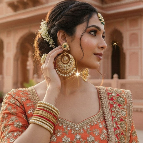 A woman in traditional Indian attire wearing ornate gold-toned earrings and bangles, posed outdoors against a pink sandstone architectural background.